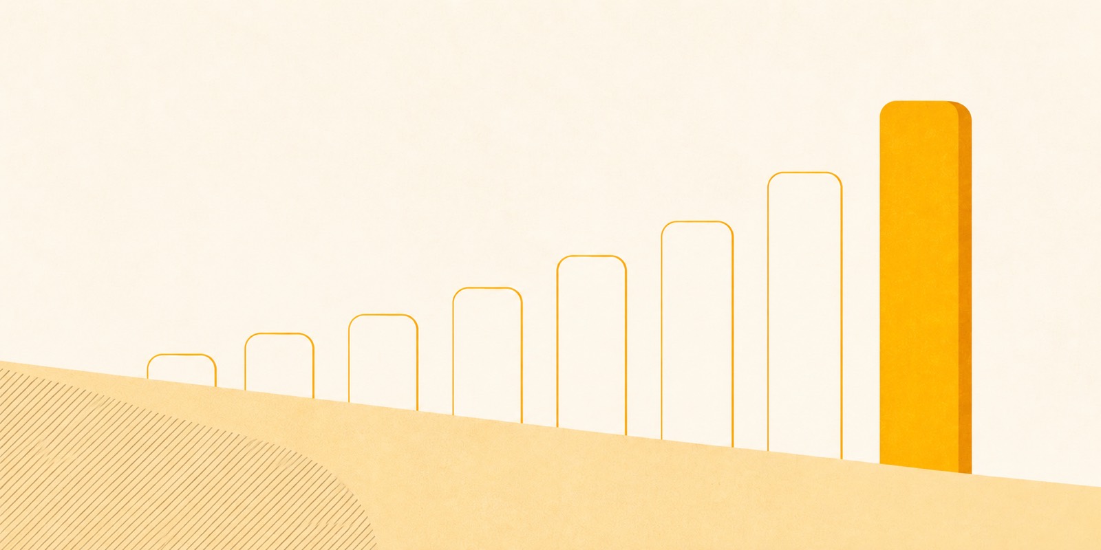 A row of thin outlined blocks stepping up to one much taller solid mustard block