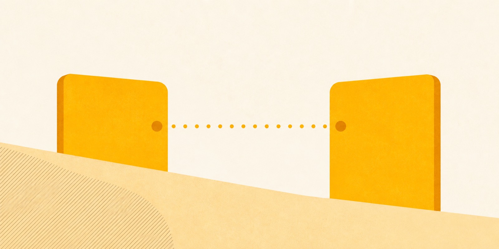 A dotted trail crossing unbroken through the gap between two separate mustard panels
