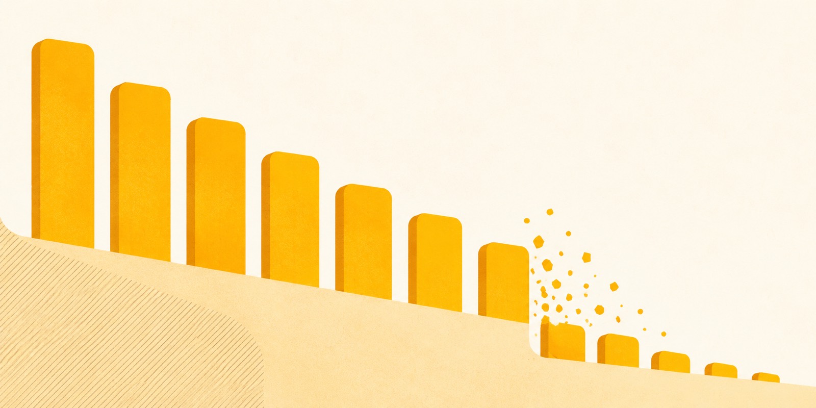 A descending row of mustard bars, the last few collapsing into scattered specks, on a sand-coloured landform