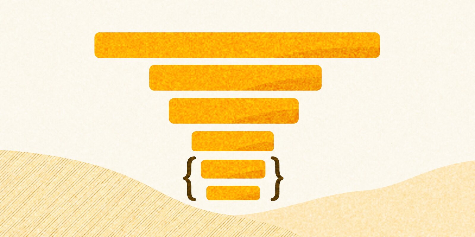A descending stack of mustard bars shrinking step by step, the two shortest bars bracketed together like a fraction