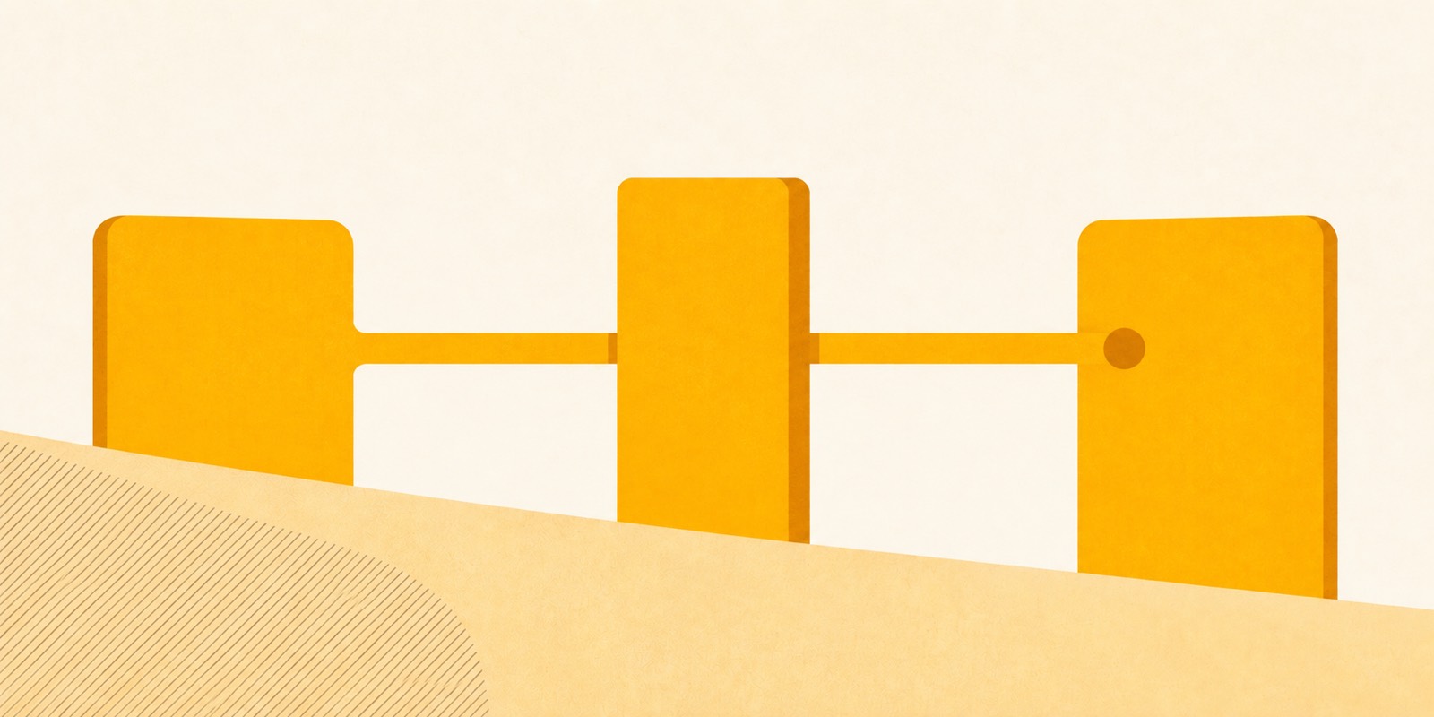 Two mustard panels joined by a pipe that passes behind a solid band standing in the middle