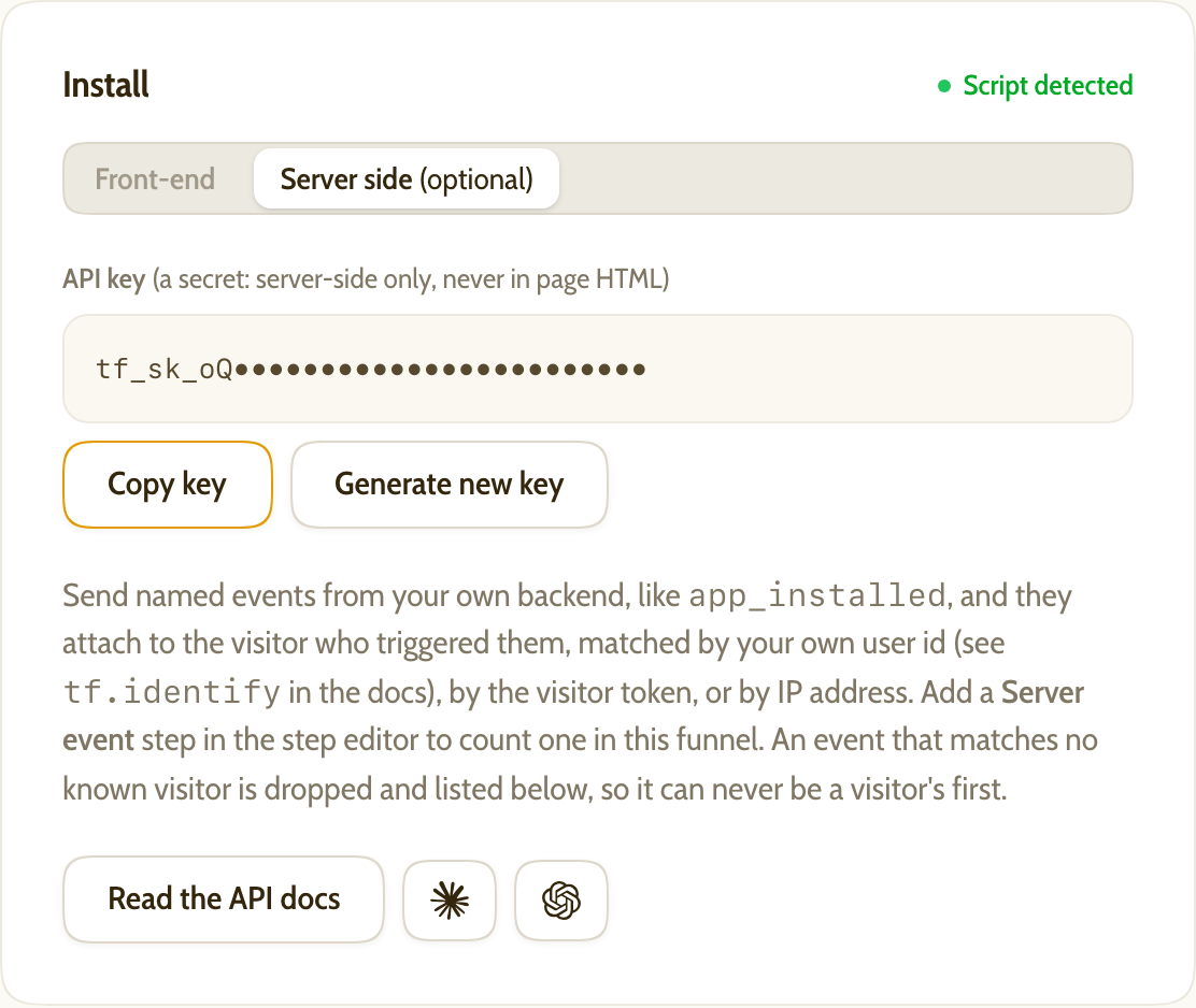 The server-side tab of the Install panel, with the API key and recent deliveries