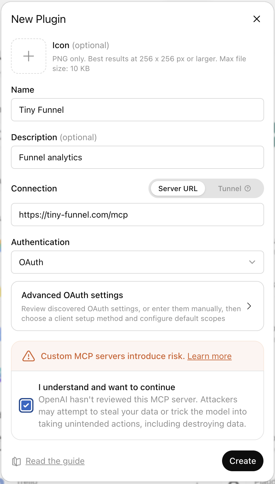 The New Plugin dialog on chatgpt.com/plugins, filled in with the Tiny Funnel server URL and OAuth