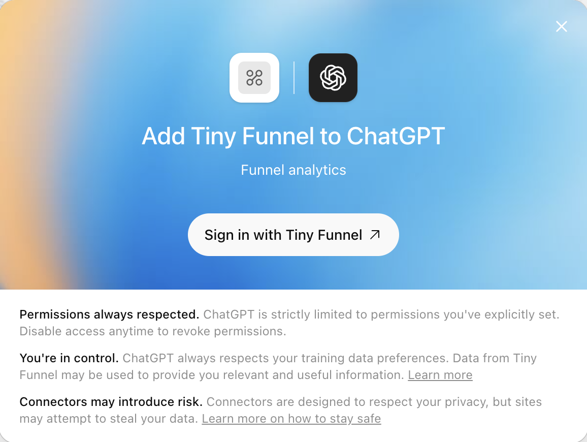 ChatGPT's "Add Tiny Funnel to ChatGPT" prompt, with the sign-in button