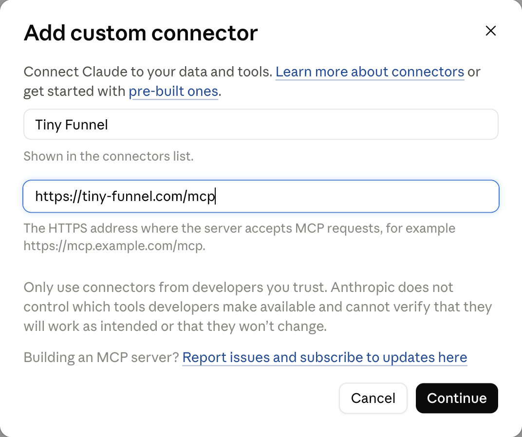 Adding Tiny Funnel as a custom connector in Claude: the name and the server address